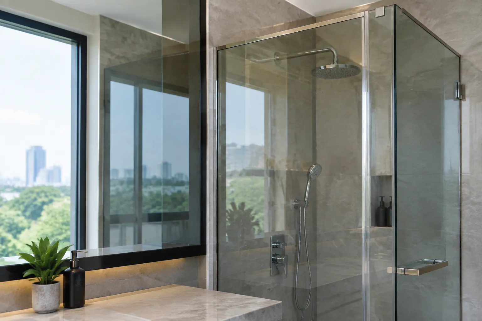 Dinding kaca shower di dalam kamar mandi