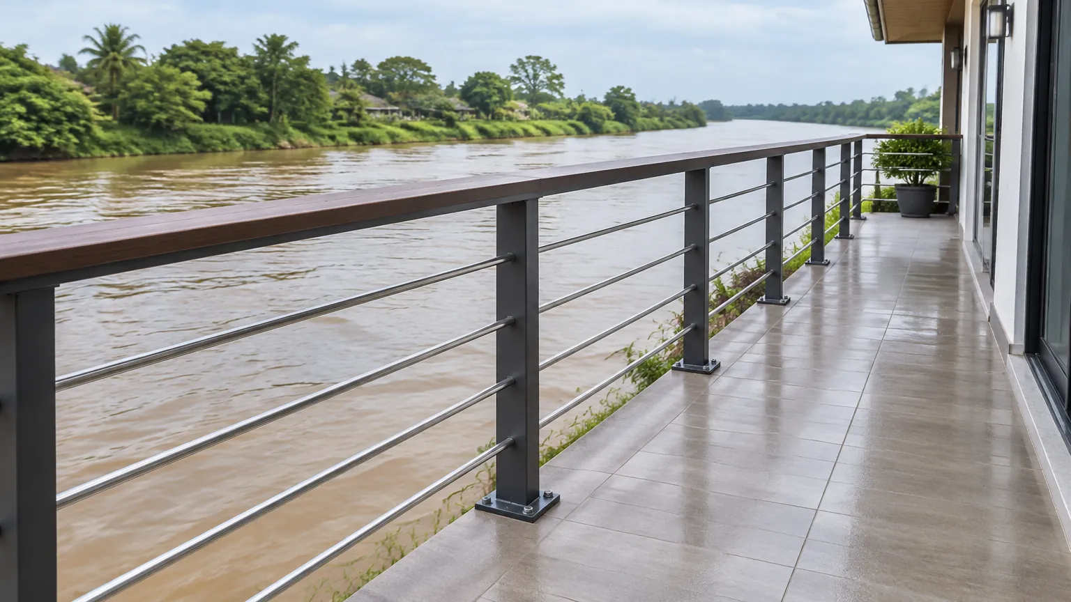 Railing logam di sepanjang teras rumah tepi sungai