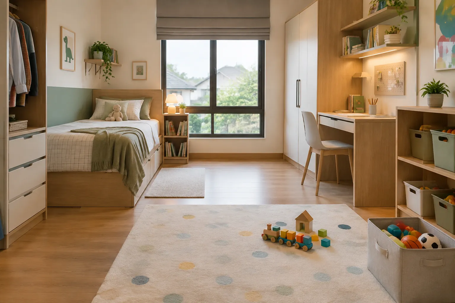 Tempat tidur anak dan meja belajar disusun pada sisi ruang berbeda