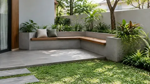 Bangku taman menyatu dengan planter dan dinding rendah