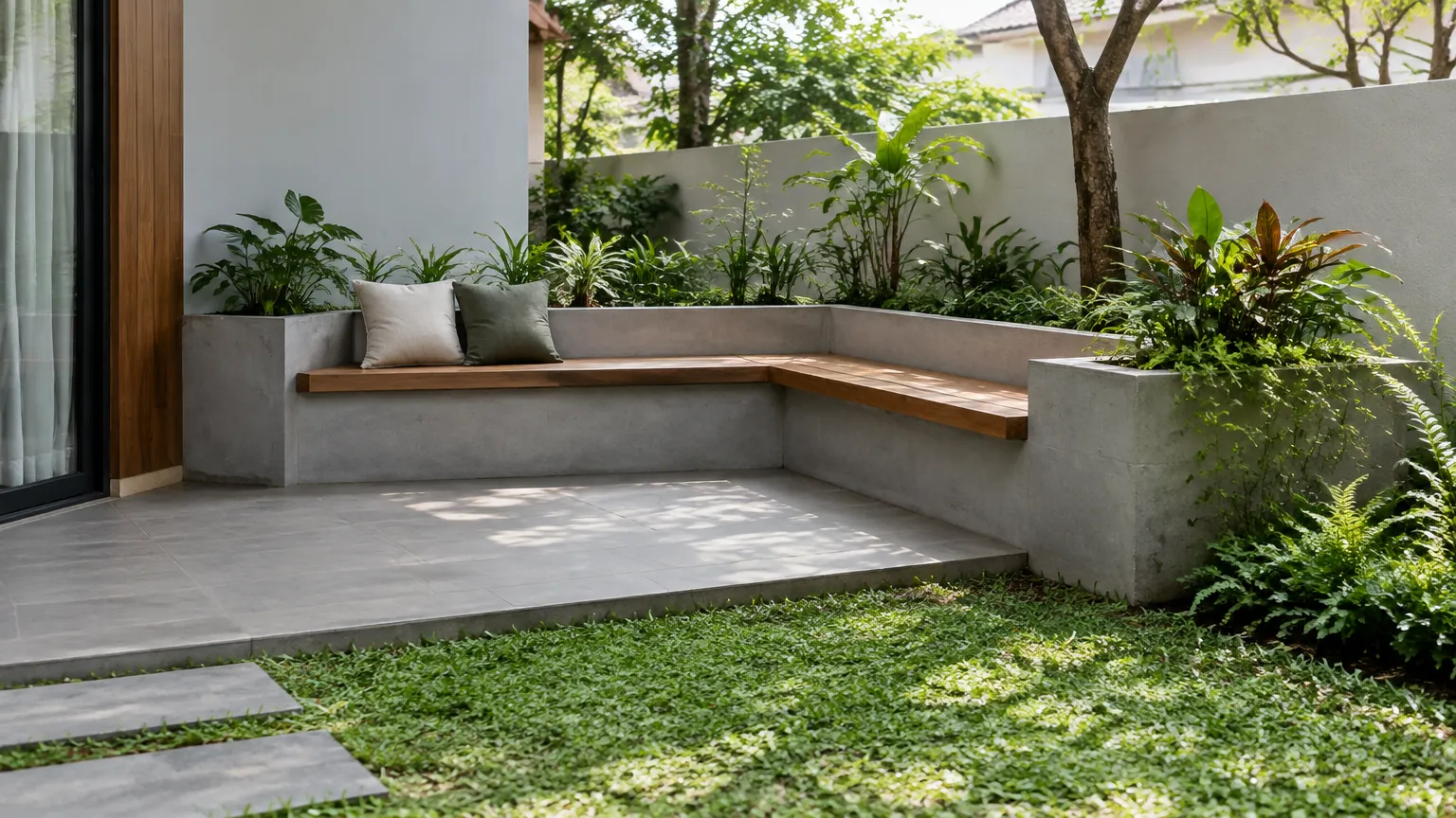 Bangku taman menyatu dengan planter dan dinding rendah