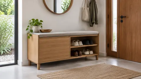 Kabinet sepatu kayu di area foyer