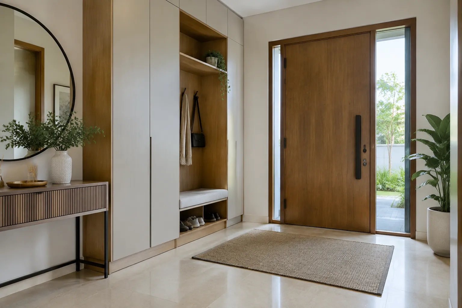 Foyer jadi memiliki kabinet sepatu dan jalur pintu yang terbuka