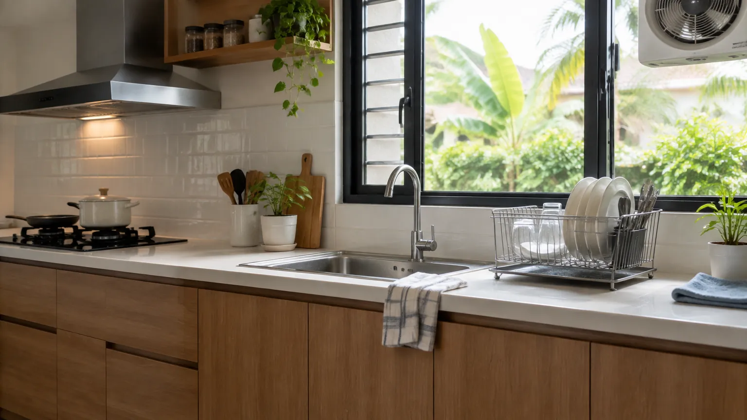Dapur kayu terang dengan wastafel di bawah jendela berjalusi