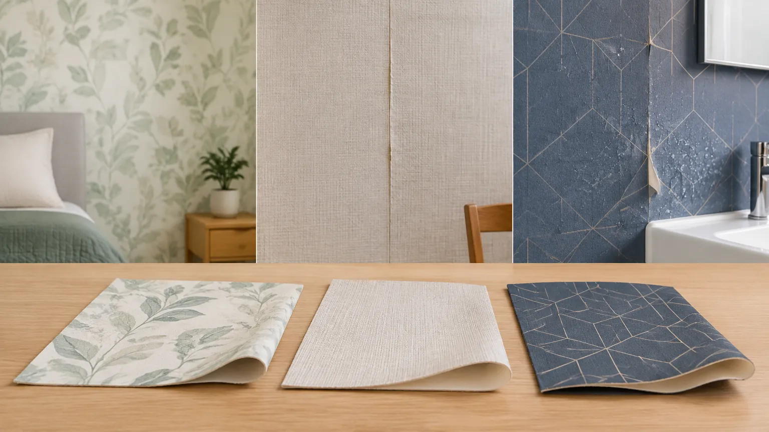 Sampel wallpaper bermotif dan bertekstur di depan dinding