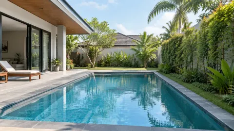 Kolam renang di samping rumah dan taman