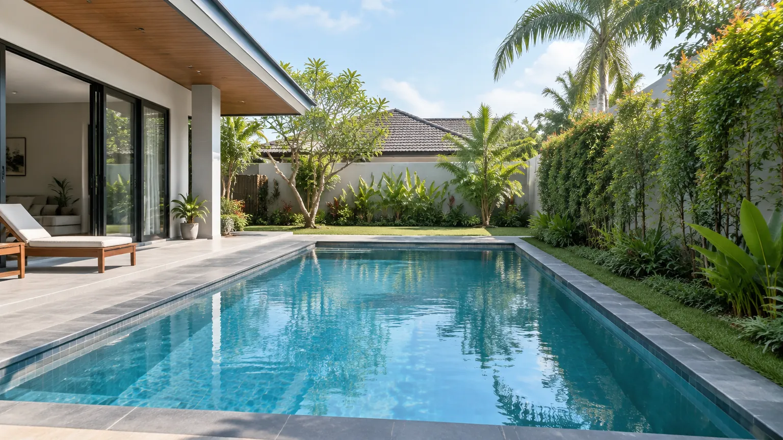 Kolam renang di samping rumah dan taman