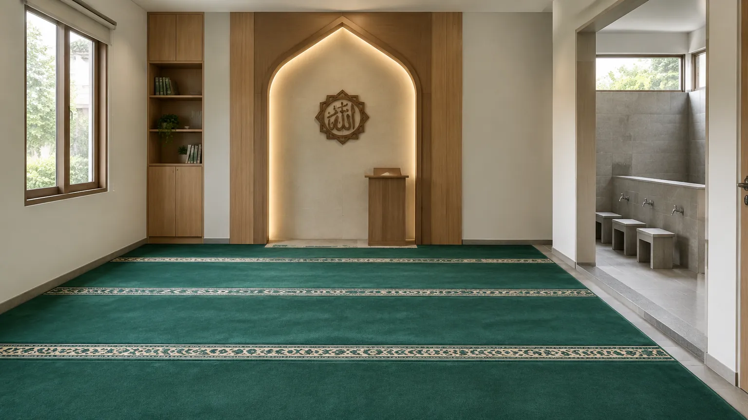 Musala dengan karpet salat hijau dan relung dinding bercahaya