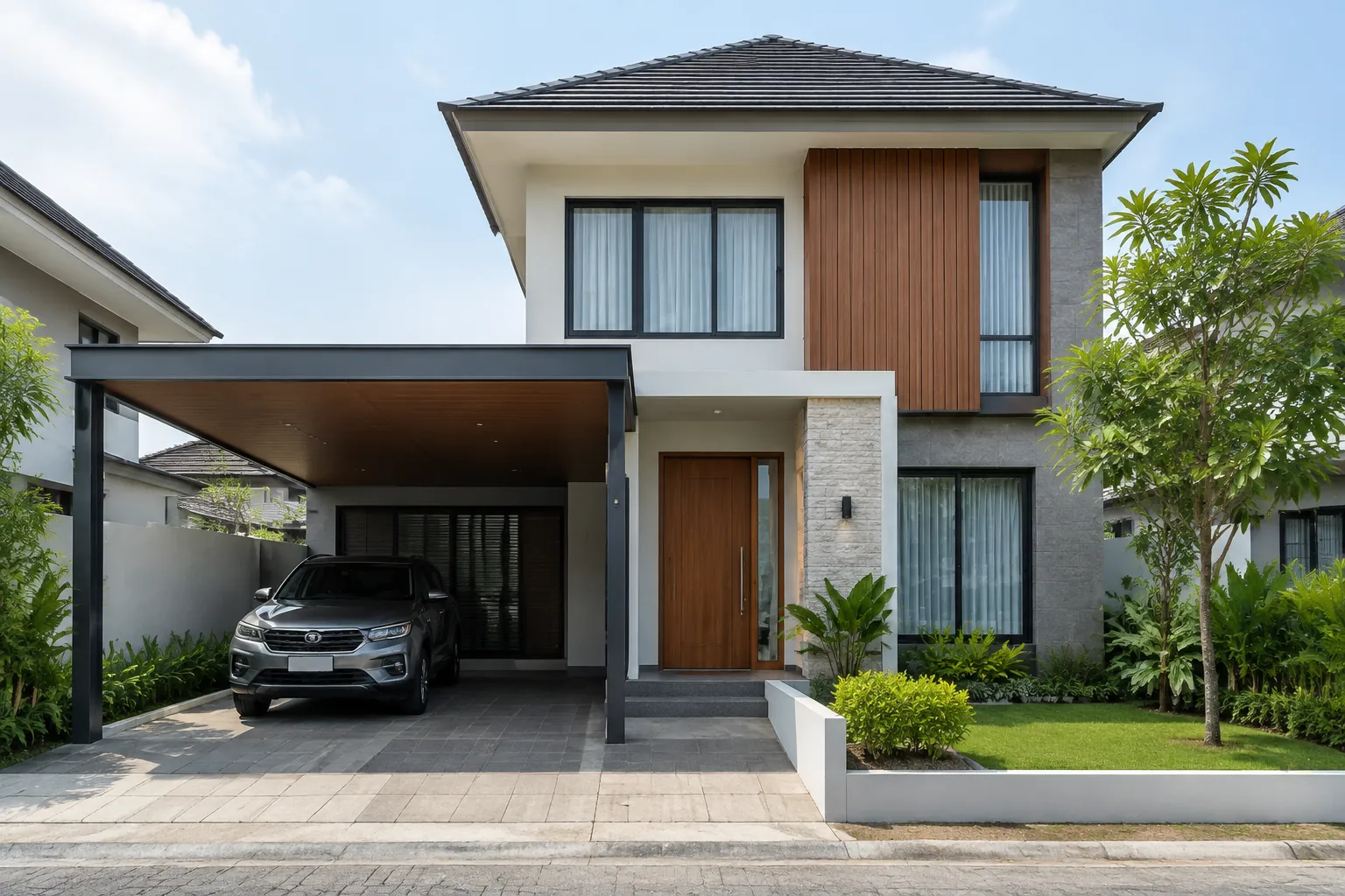 Fasad rumah dua lantai dengan carport di satu sisi
