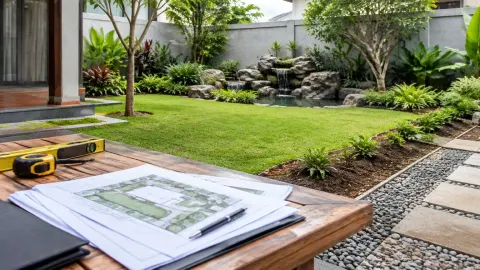 Taman depan dengan rumput, tanaman tepi, dan rencana di meja