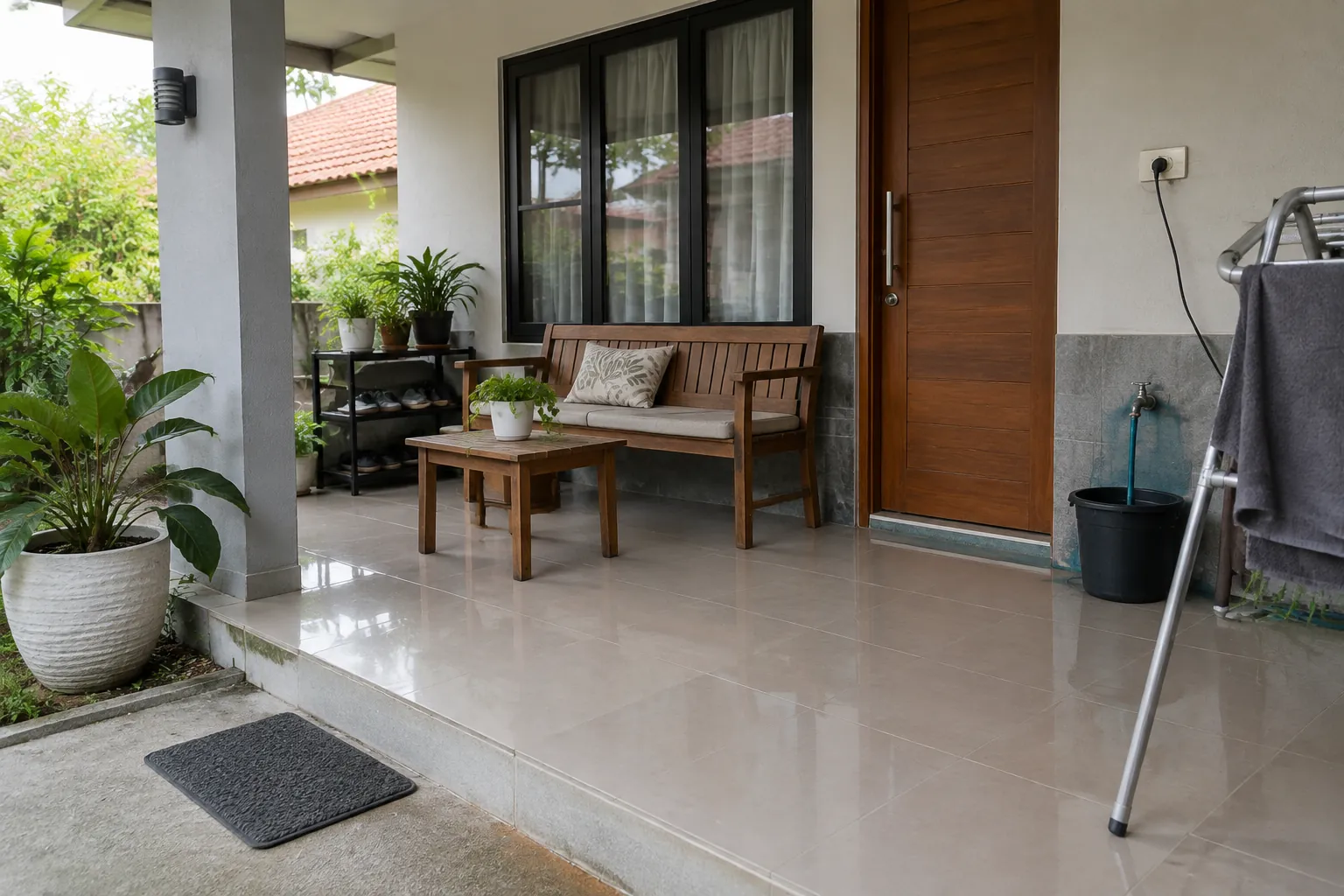 Teras rumah dengan kursi, ember, dan alat pemeriksaan di dekat pintu