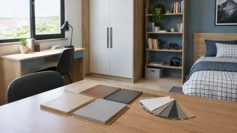 Kamar remaja dengan contoh bahan finishing di meja kerja