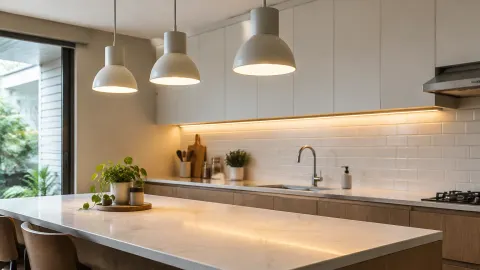 Dapur dengan lampu gantung dan pencahayaan di bawah kabinet