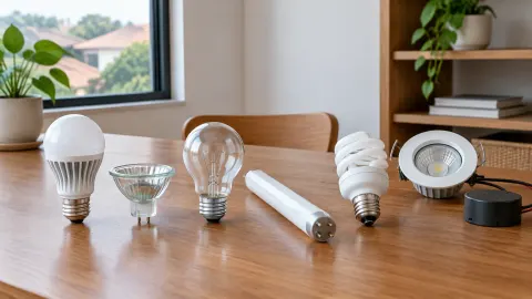 Beberapa bentuk bohlam dan lampu tanpa merek di atas meja
