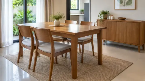 Meja makan kayu dengan empat kursi di ruang makan