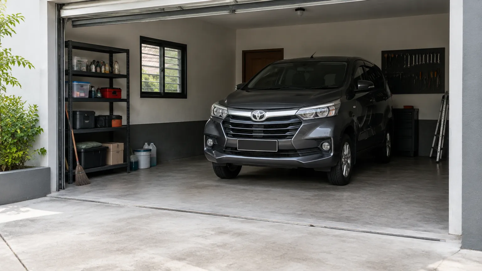 Mobil terparkir di garasi rumah dengan rak penyimpanan