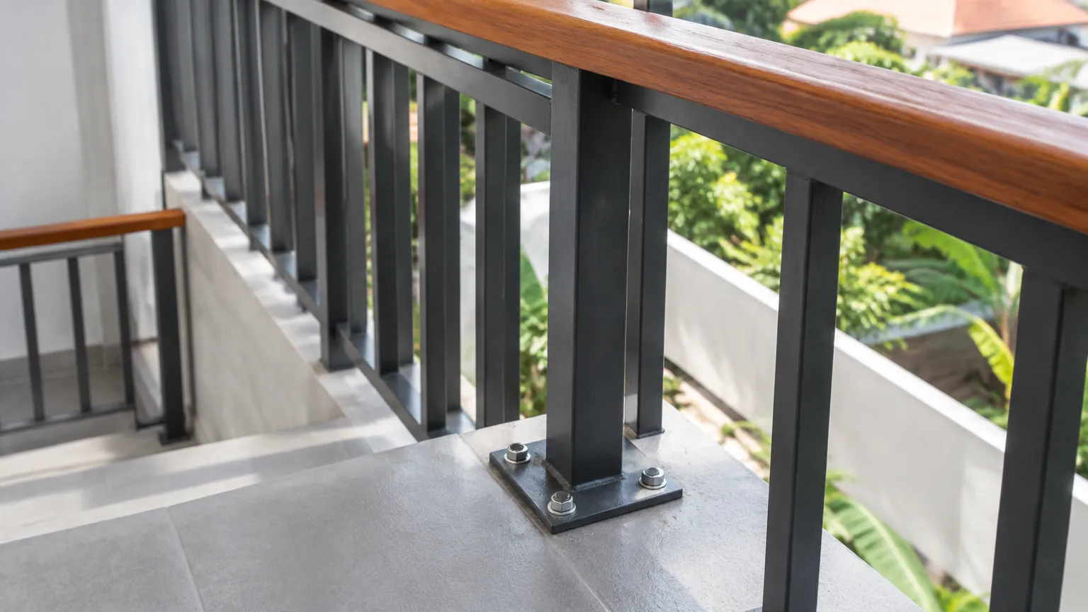 Detail sambungan pagar logam dan pegangan kayu