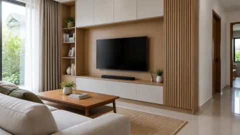 Kabinet televisi built-in di ruang keluarga