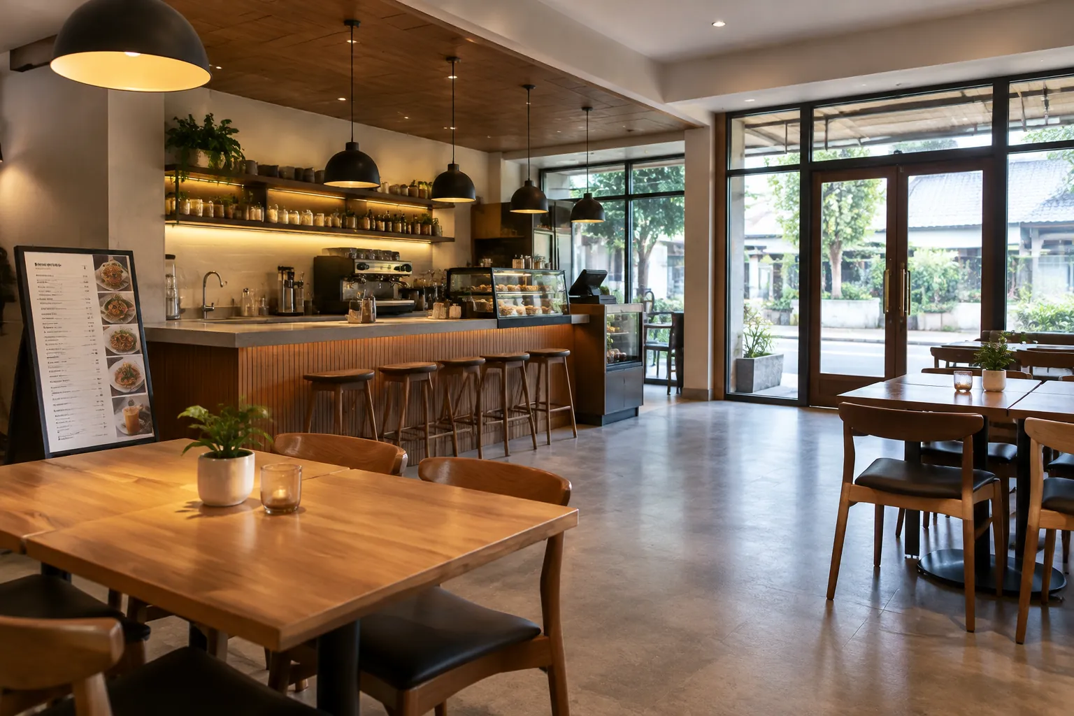 Meja makan, bar, dan pintu kaca pada ruang kafe