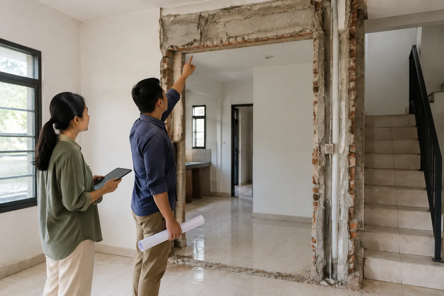 Dua orang mengamati bukaan dinding saat renovasi rumah