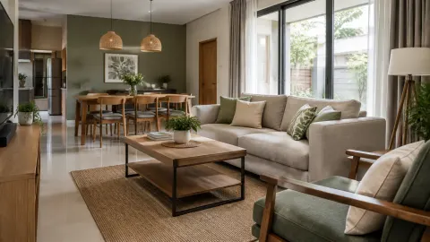 Ruang keluarga dengan sofa, meja kayu, dan area makan yang menyatu