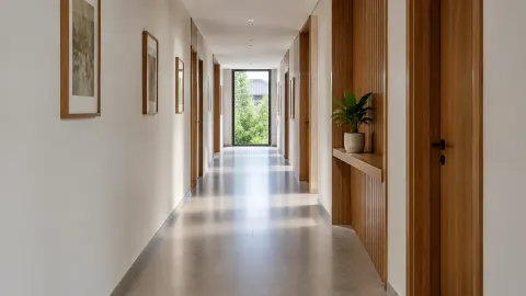 Lorong panjang dengan pintu di kanan kiri