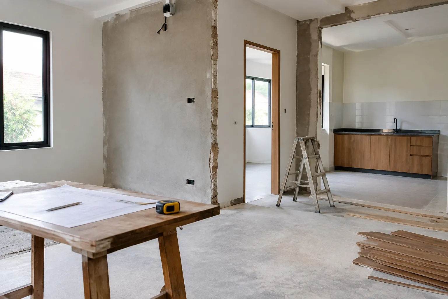 Ruang rumah sedang direnovasi dengan bukaan dan bidang dinding belum selesai