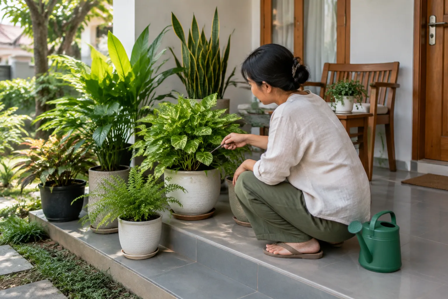 Penghuni mengamati tanaman pot di teras
