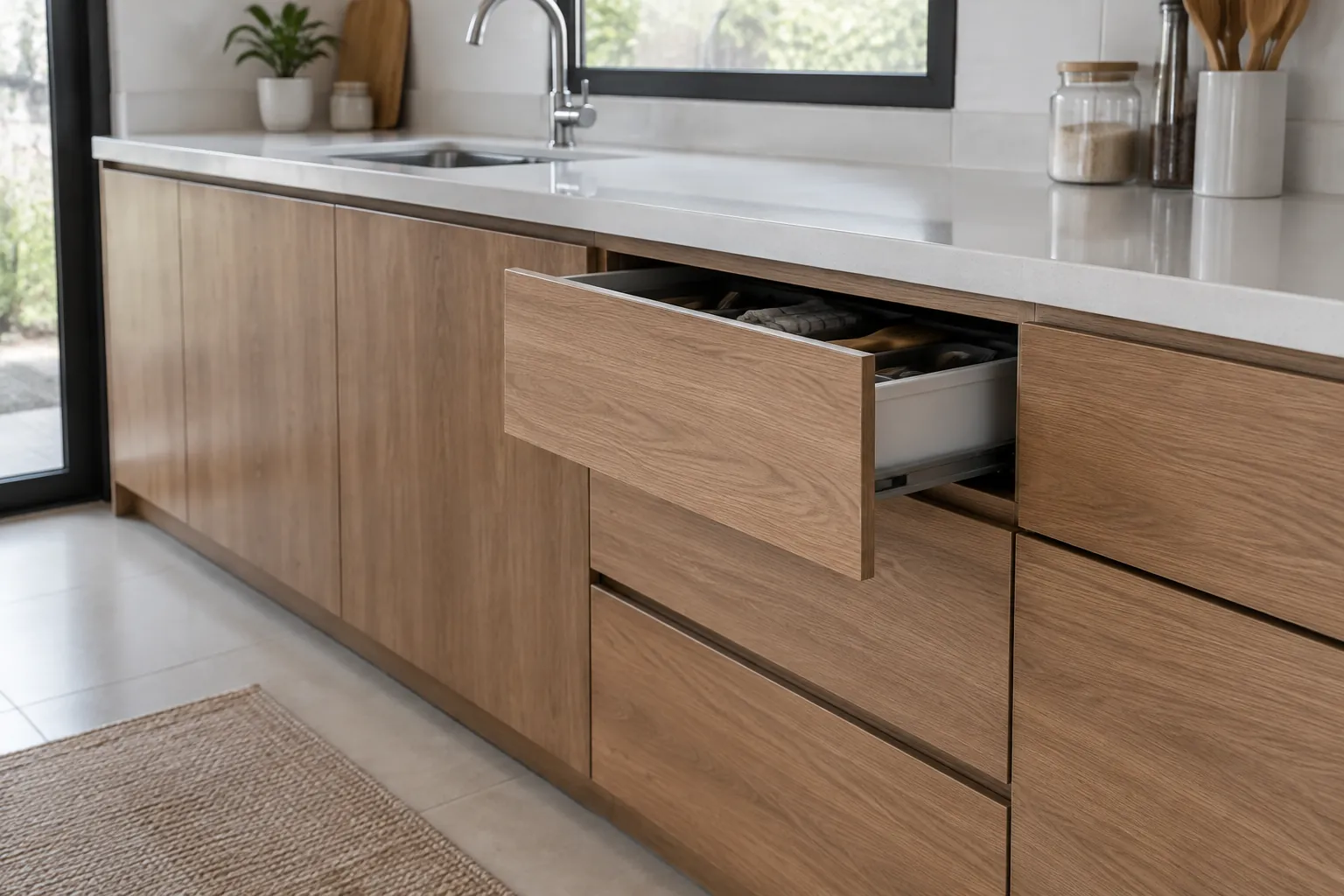 Laci kitchen set terbuka dengan posisi yang tidak rata