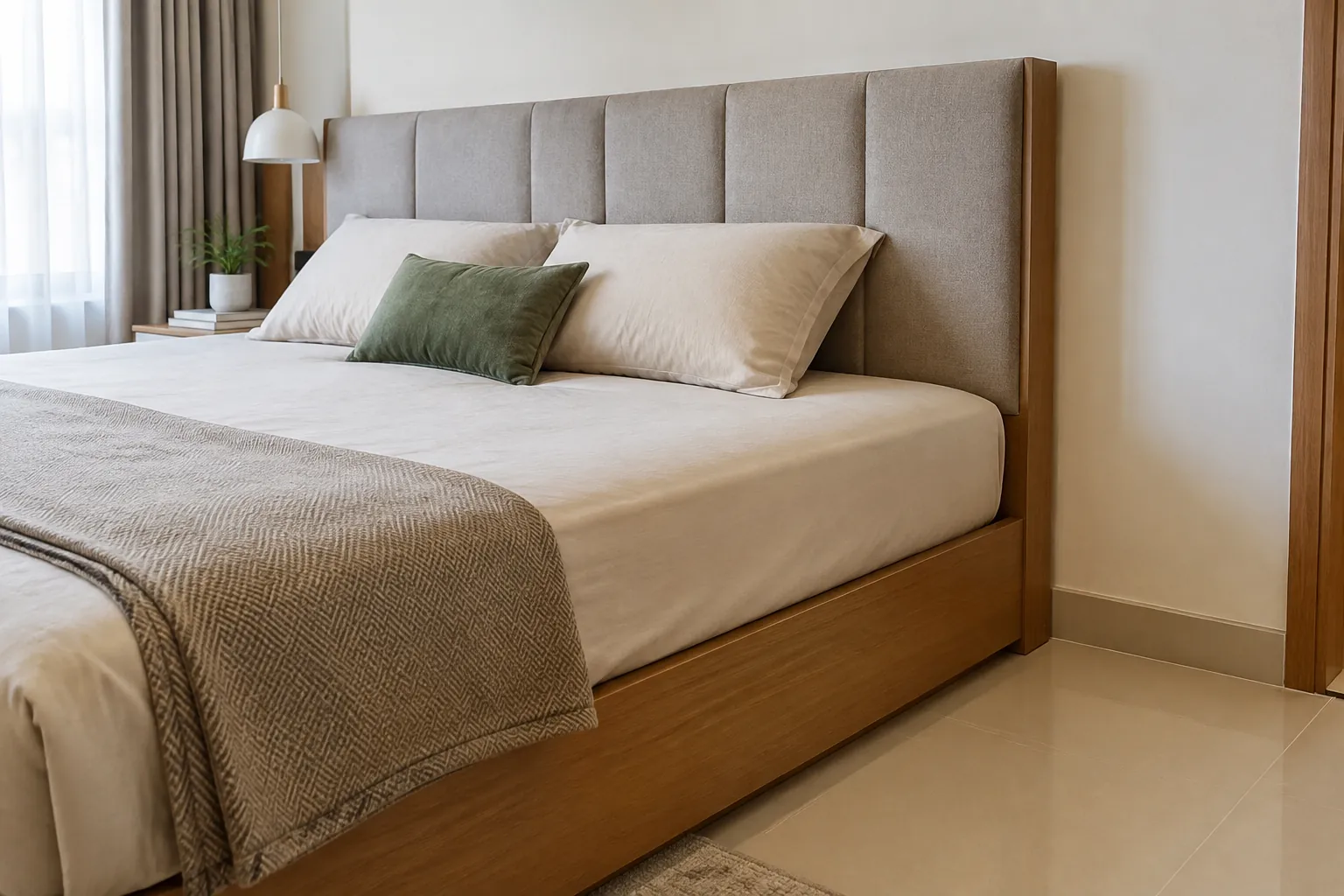 Tempat tidur memiliki sandaran empuk berlapis kain dan alas kayu