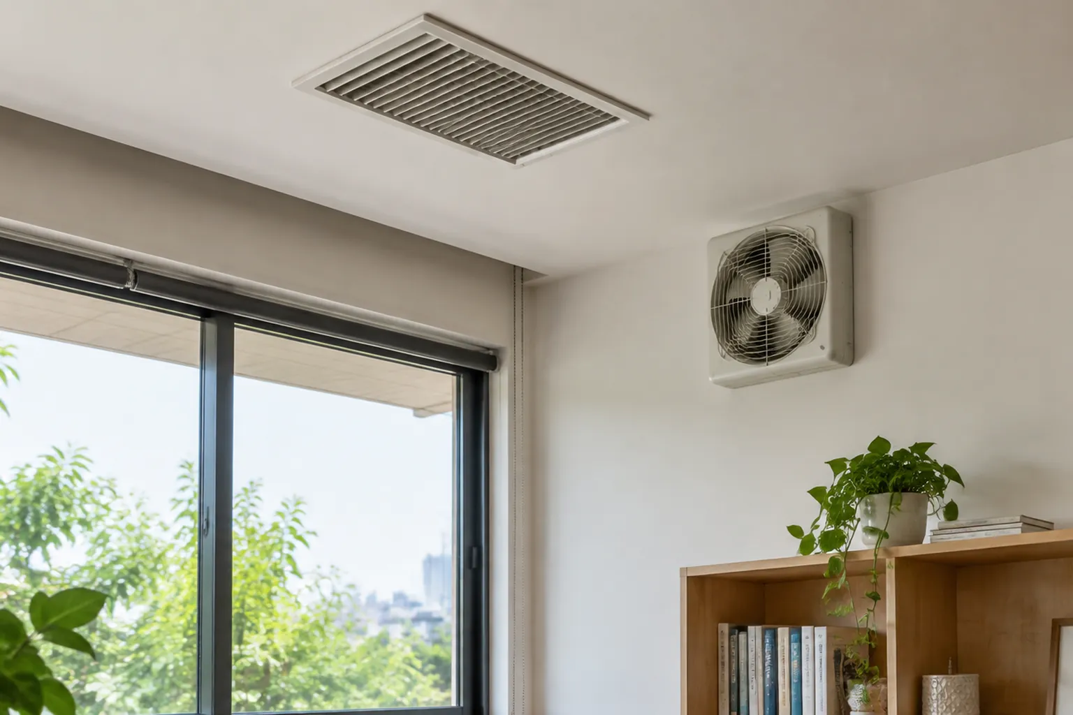 Perangkat ventilasi pada plafon dan dinding.