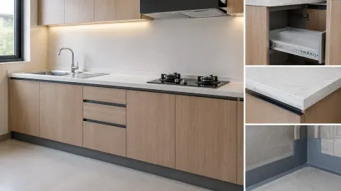 Kitchen set kayu terang di dapur kecil