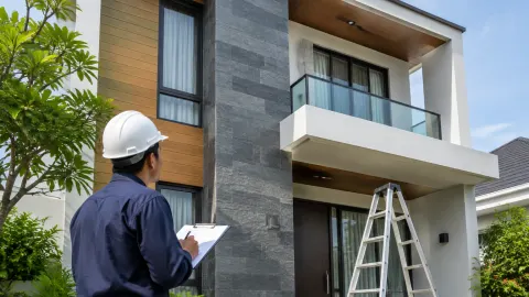 Pekerja memeriksa fasad rumah dekat tangga kerja