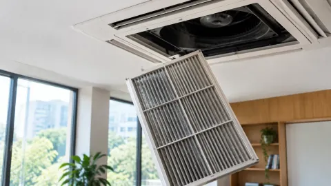 Filter unit penghawaan yang sedang dilepas dari plafon
