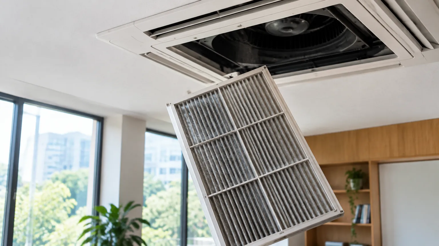 Filter unit penghawaan yang sedang dilepas dari plafon
