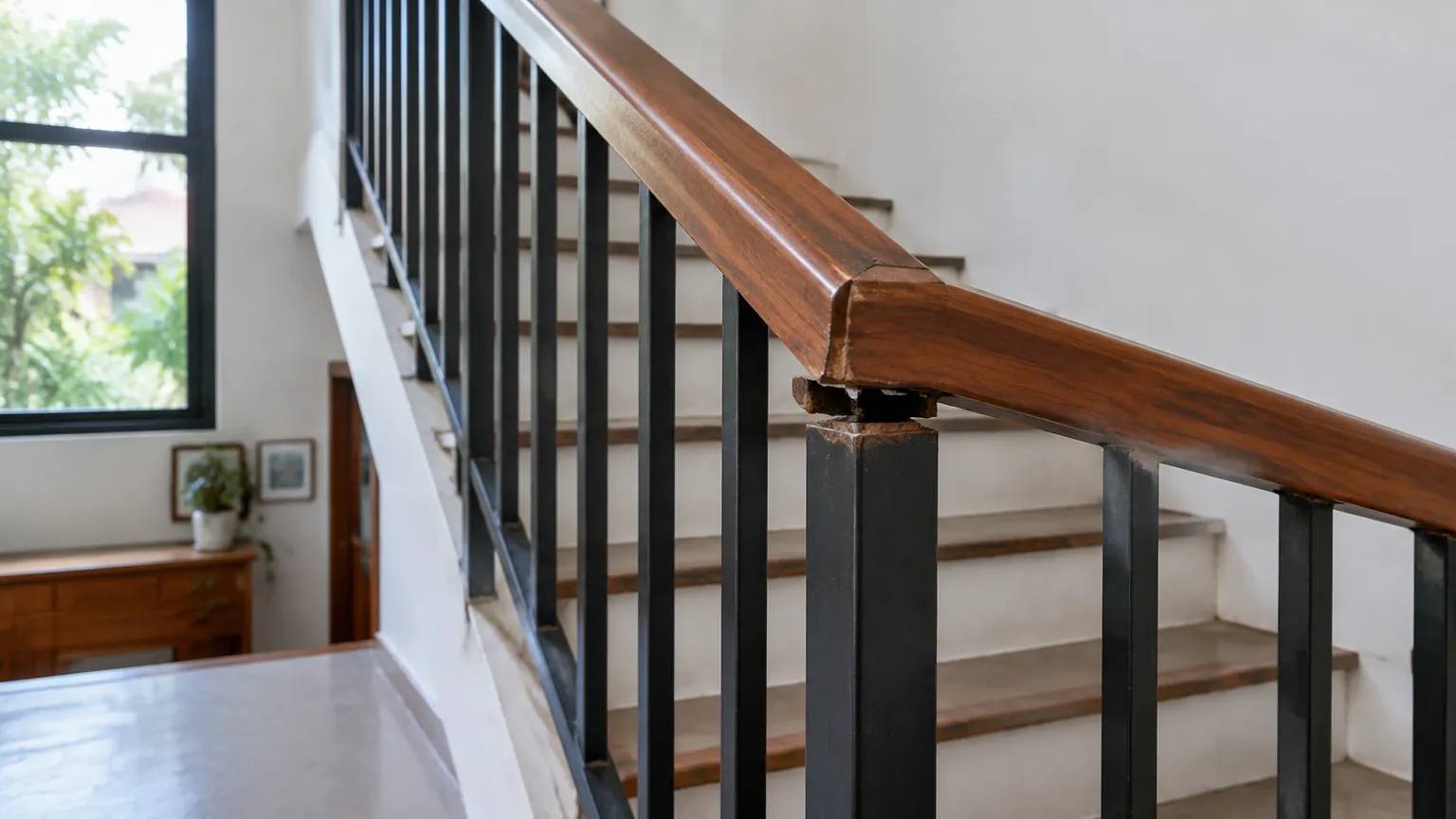 Railing tangga dengan pegangan kayu dan batang logam