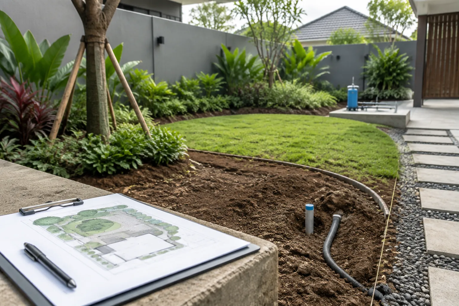 Rencana renovasi taman di dekat jalur pipa dan tanah terbuka