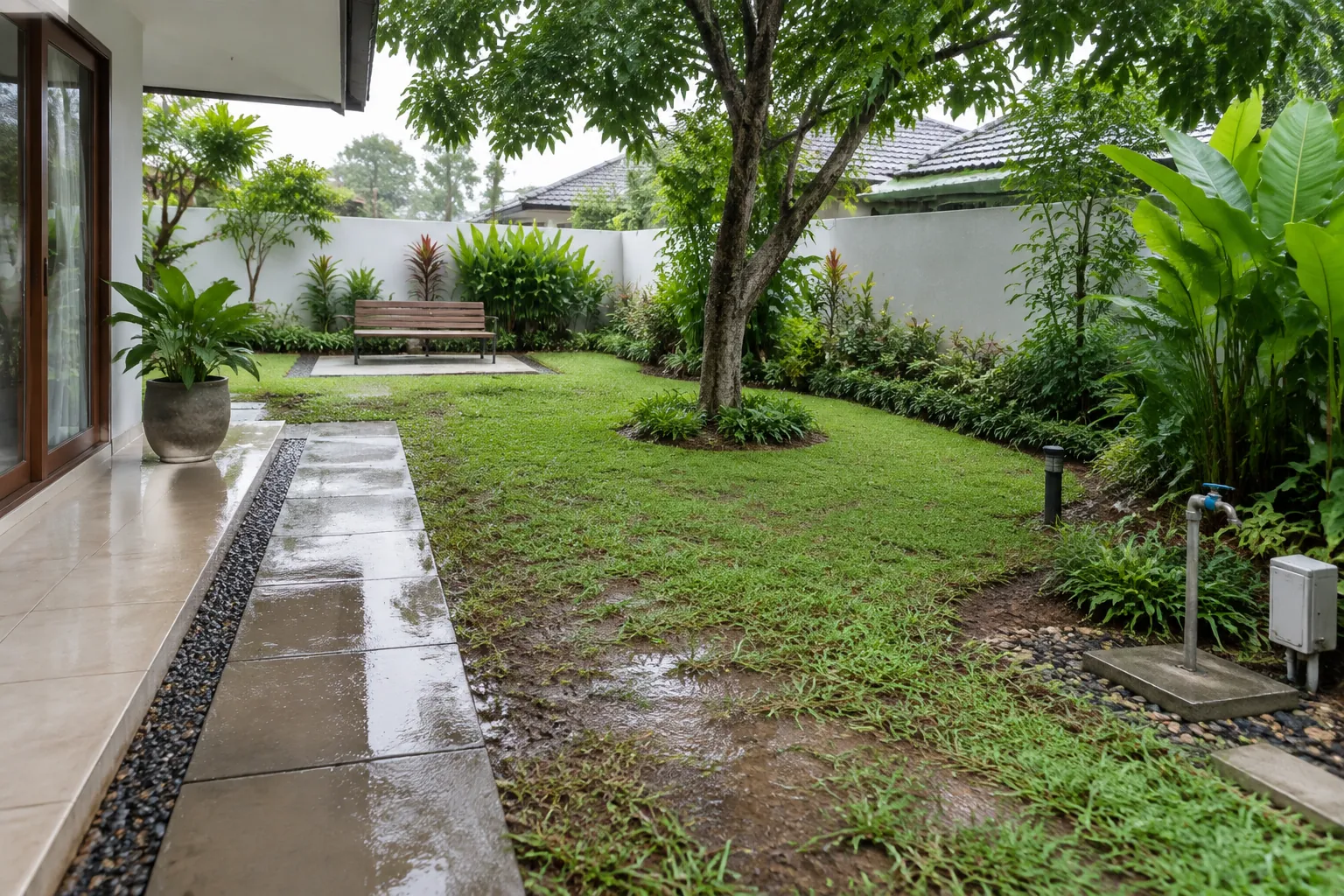 Jalur dan rumput taman tampak basah setelah hujan