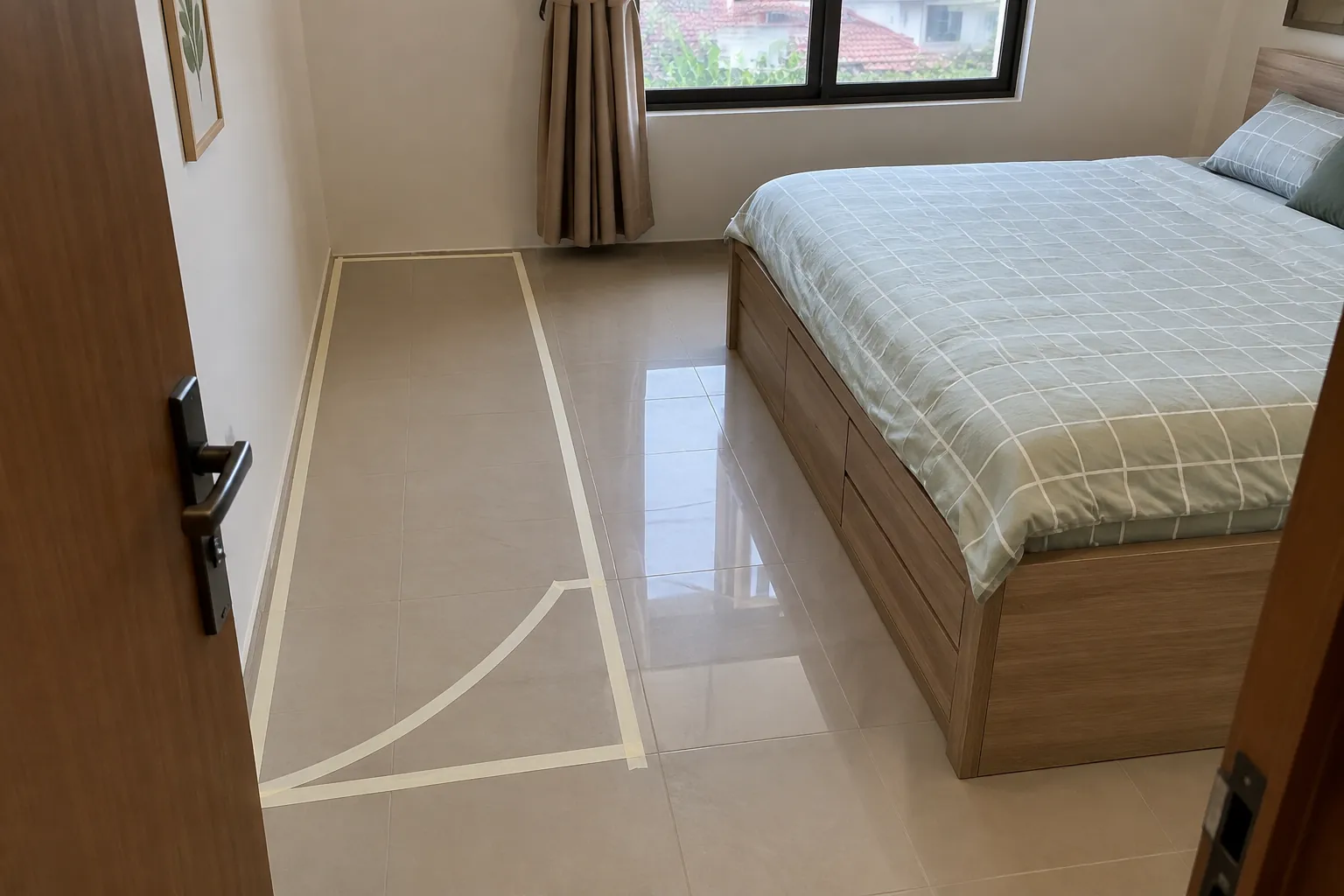Garis selotip menandai bidang lantai dan lengkung di dekat pintu kamar tidur.