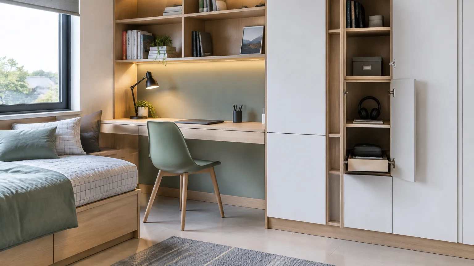 Kamar remaja dengan meja belajar dan lemari penyimpanan