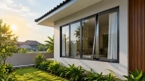 Deretan jendela luar rumah terkena cahaya sore