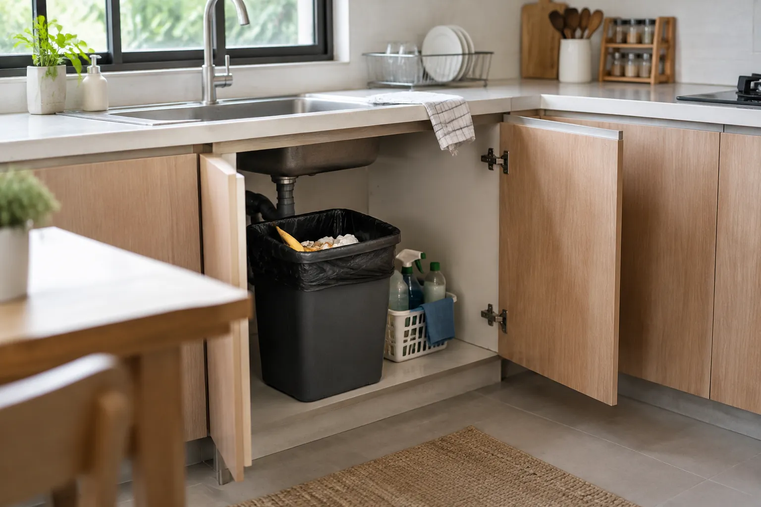 Kabinet bawah bak cuci dapur terbuka dengan tempat sampah dan pipa