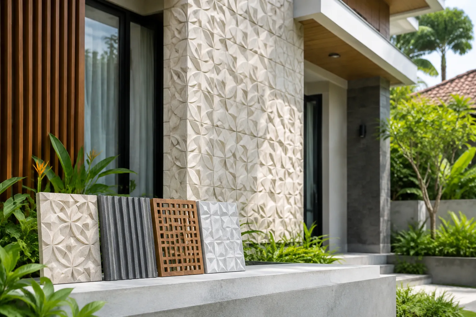 Contoh panel ornamen dipajang di dekat dinding luar rumah