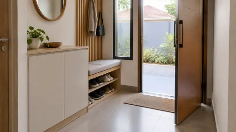 Foyer sempit dengan rak sepatu dan pintu masuk terbuka