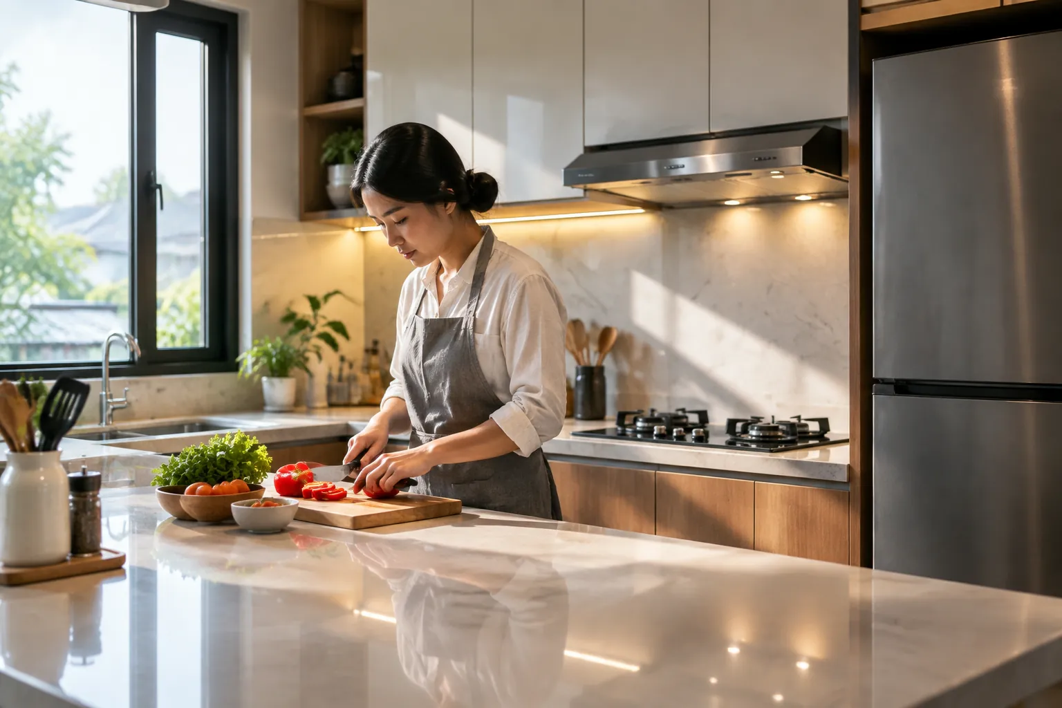 Seseorang menyiapkan makanan di meja dapur yang terang