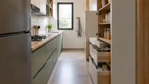 Dapur sempit dengan dua jalur kabinet dan rak