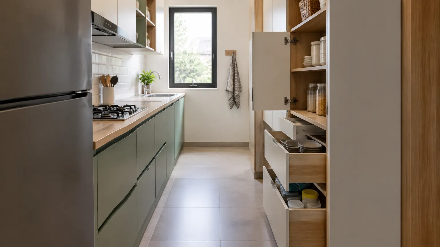 Dapur sempit dengan dua jalur kabinet dan rak
