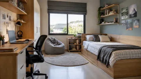 Kamar remaja dengan meja belajar dan kursi santai