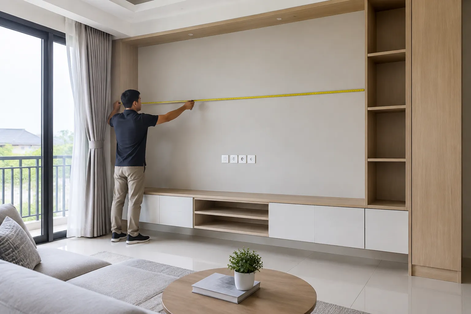 Pekerja mengukur bidang untuk kabinet televisi