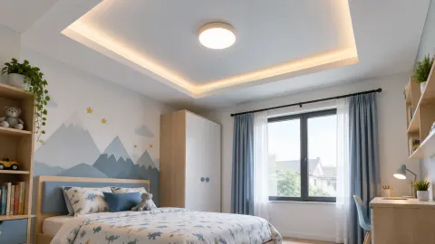 Kamar anak dengan tempat tidur dan lampu plafon tersembunyi